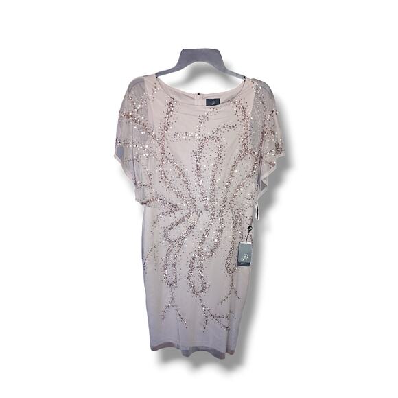 Adrianna Papell Women's Marble Flutter Sleeve Beaded Short Sheath Dress Size 8 - Picture 4 of 9